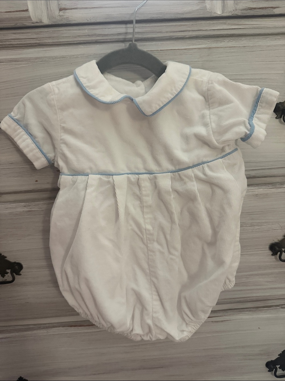 White Baby Bubble Romper with Light Blue Trim